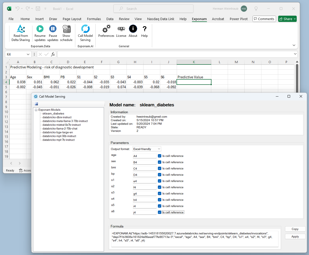 Exponam guided formula builder dialog showing Databricks ML model selection, parameter inputs mapped to cell references, and generated EXPONAM.AI formula